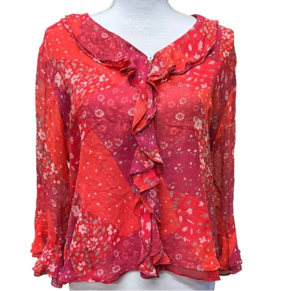Edward Vibrant Red Ruffle Floral 100% Silk‎ Blouse With Crochet Detail Size L